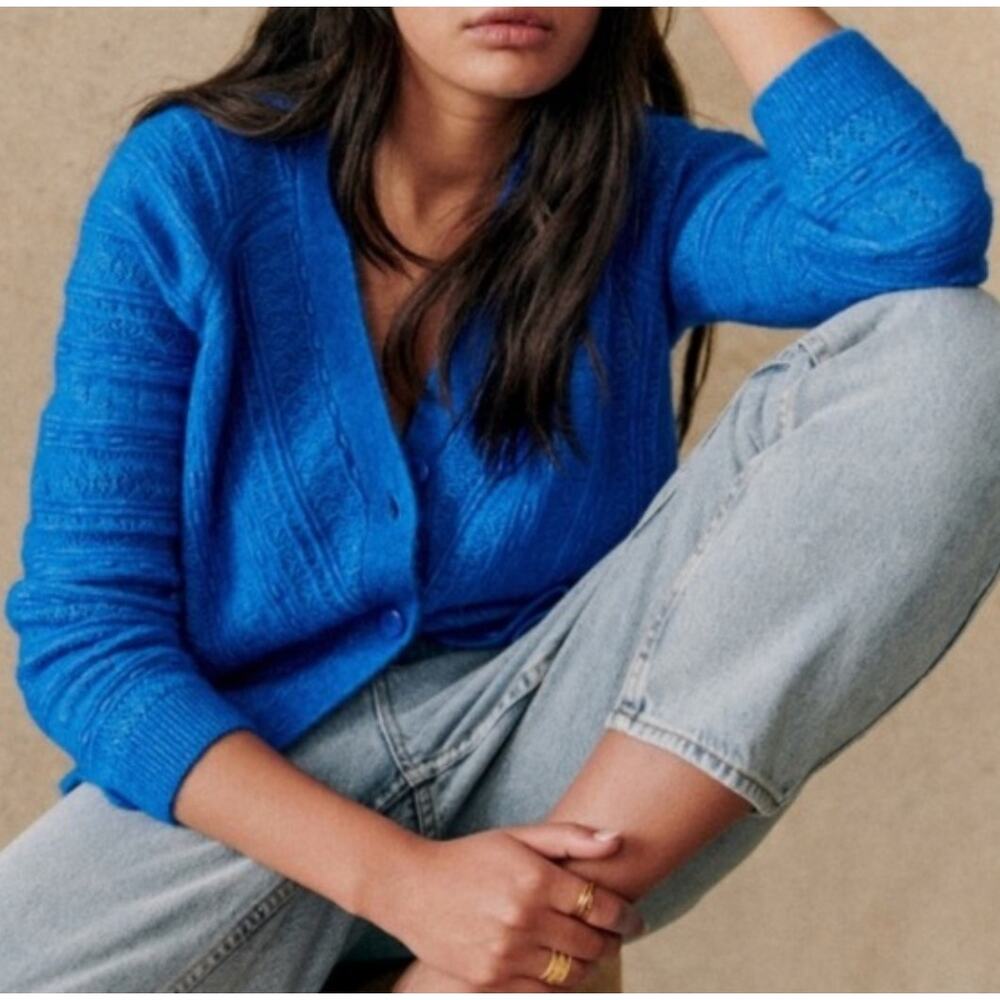 Sézane Gilet Eya Cardigan in Bleu Vif  Colbot Size XXL Mohair Wool EUC